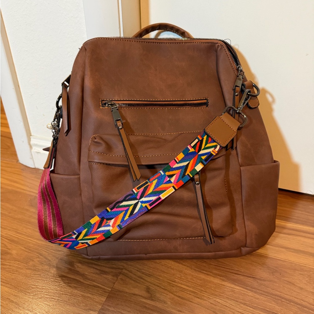 Brown Backpack with Colorful Strap